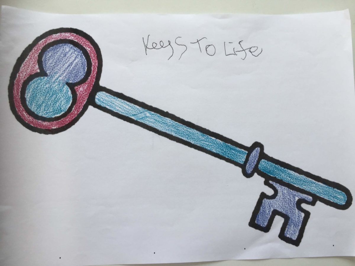 A drawing of a mortice lock key coloured in blue and red by a People First (Scotland) participant on a white paper background