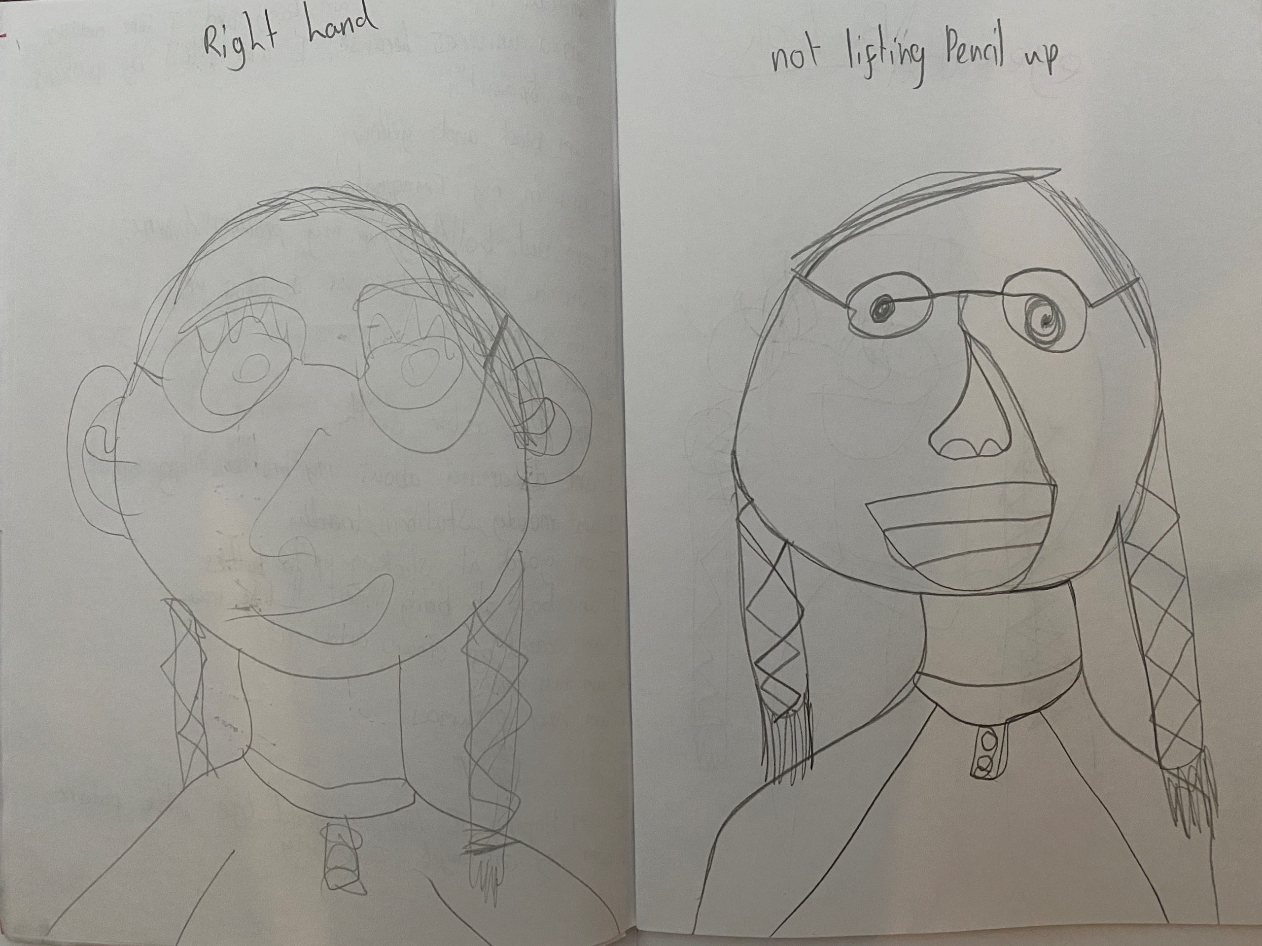 Two self-portraits, one drawn with the right hand, the other without lifting the pencil up
