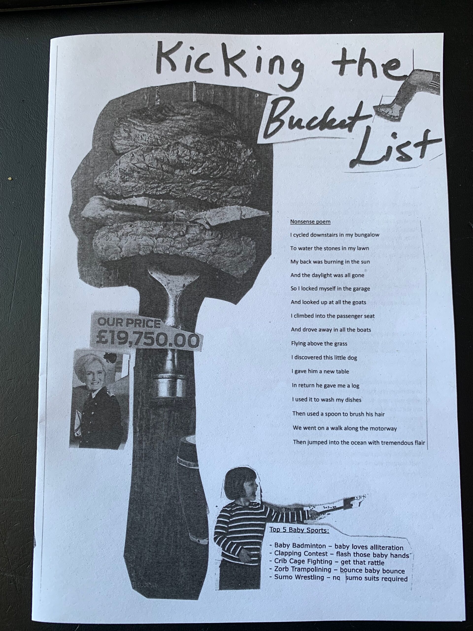 Front cover of zine with images and text in black and white