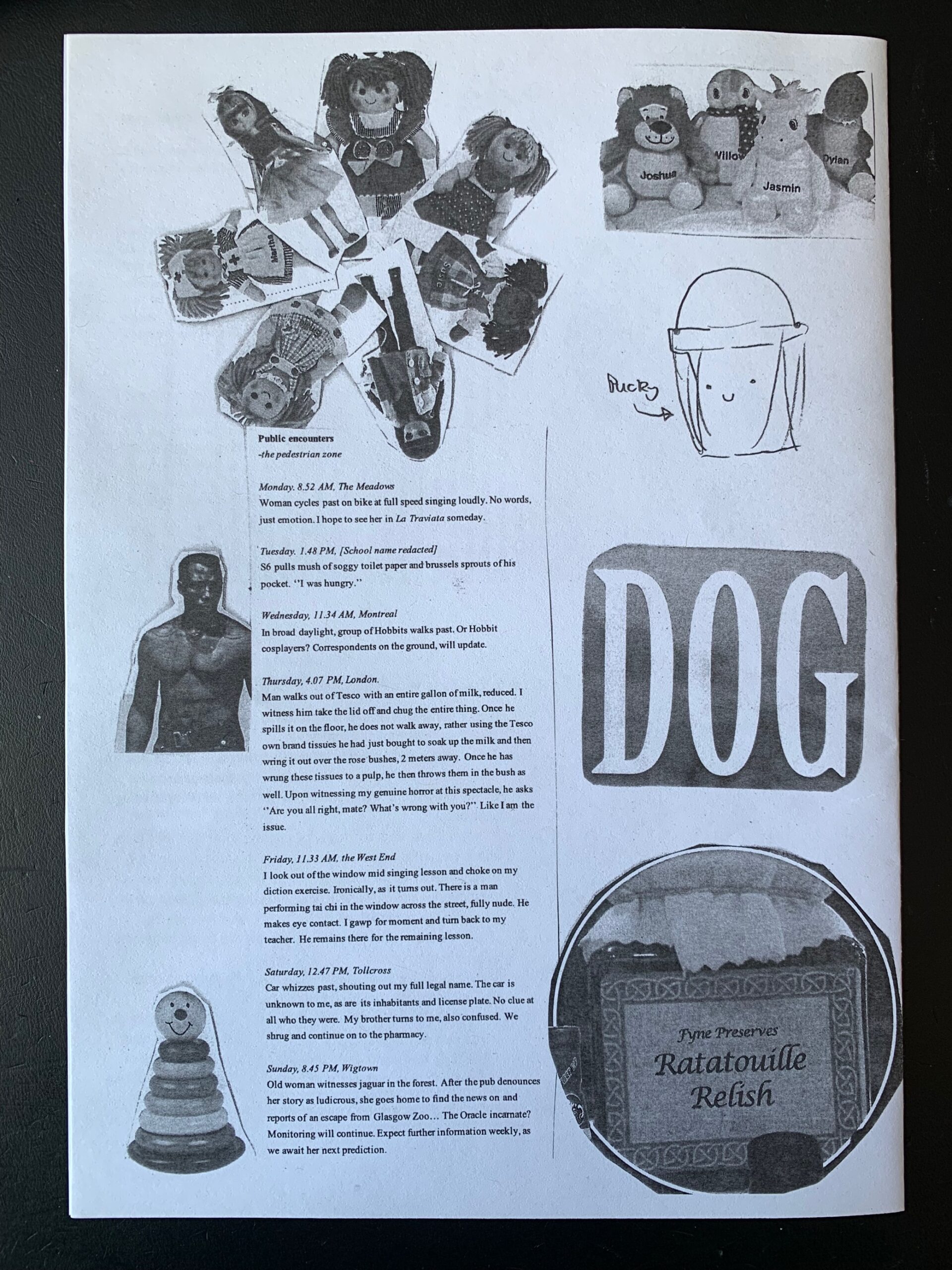 Front cover of zine with images and text in black and white